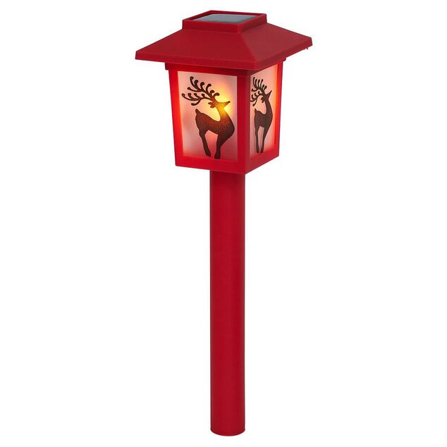 Borne solaire lanterne rouge vintage 10LED blanc chaud effet flamme H37cm