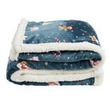 Plaid sherpa No&euml;l flanelle motifs sucre d'orge pain d'&eacute;pices 120x150cm