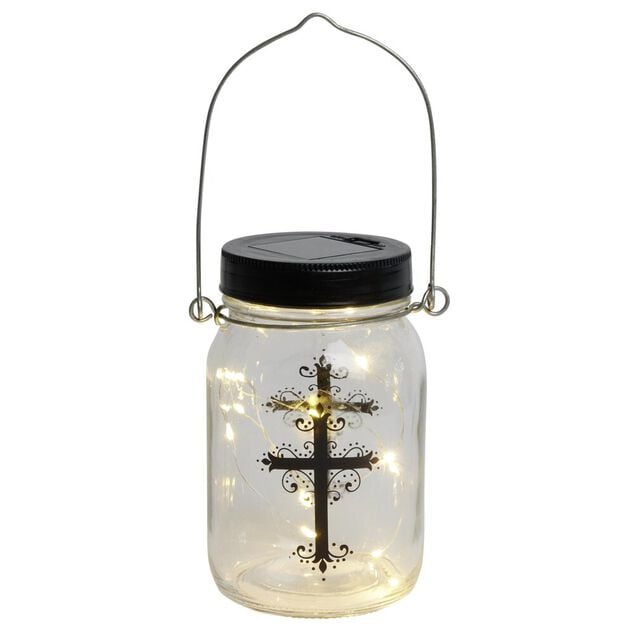 Lanterne funéraire solaire LED en verre avec croix à l'intérieur Ø7xH14cm
