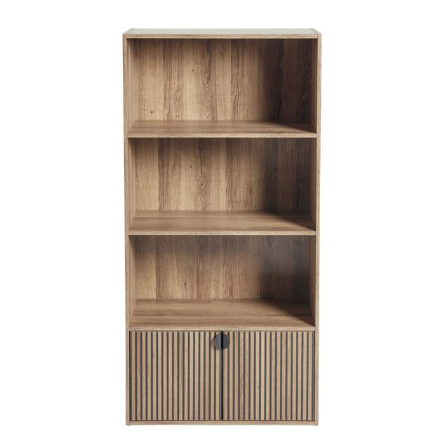 Biblioth&egrave;que colonne Adam 4 niveaux 2 portes en bois brun L60xP29,5xH120cm