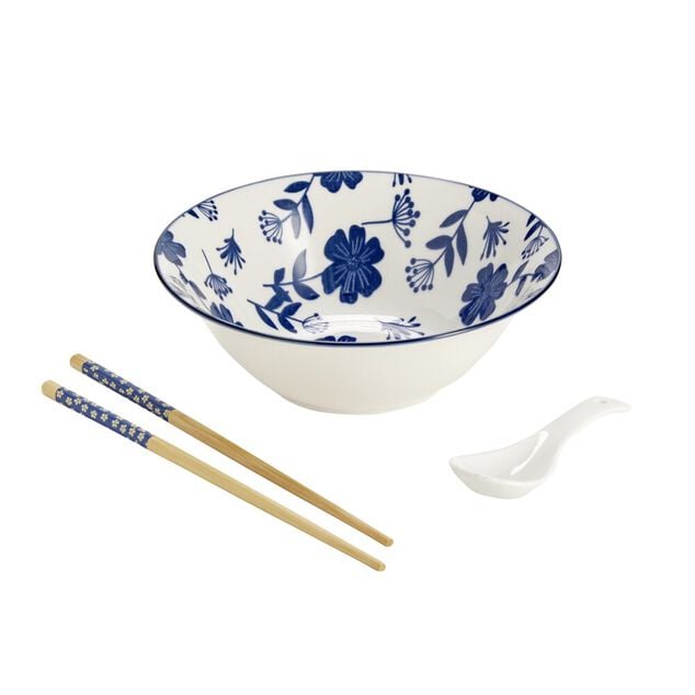Bol &agrave; ramens &Oslash;20,5cm floral avec cuill&egrave;re porcelaine et baguettes bambou