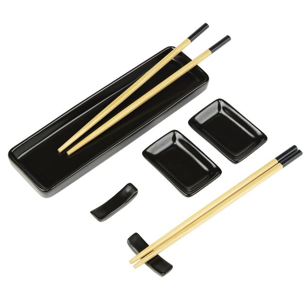 Set à sushis 2 personnes assiette coupelle baguettes et support 5 pièces