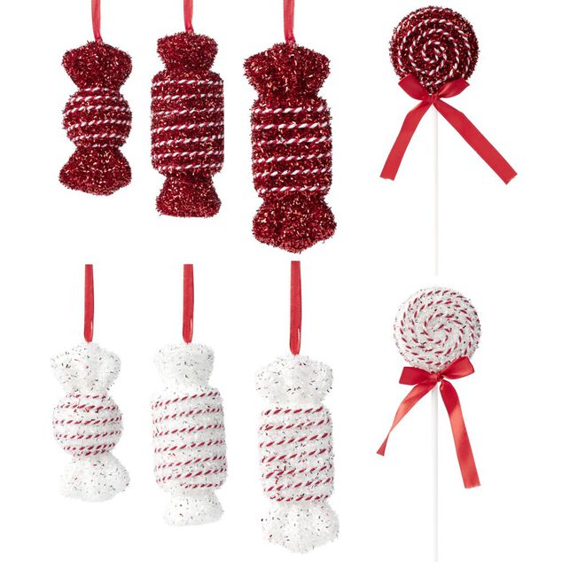 Kit d&eacute;coration sapin de No&euml;l forme bonbon rouge et blanc paillet&eacute; 8 pi&egrave;ces