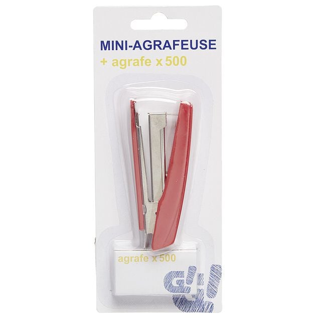 Agrafeuse mini avec agrafes x500 en 2 couleurs, rouge ou bleu