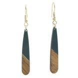 Boucles d'oreilles m&eacute;tal et bois forme goutte longue marron et vert L6cm