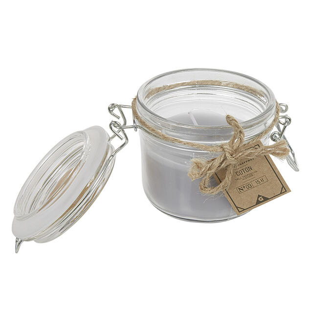 Bougie parfum&eacute;e grise dans pot en verre senteur coton