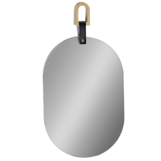 Miroir ovale avec poign&eacute;e simili et bois 35x35cm