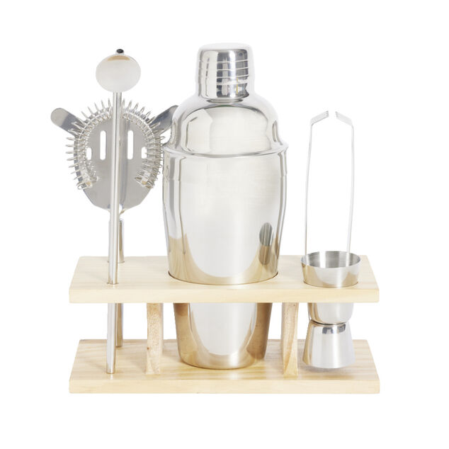 Set &agrave; cocktail acier avec support bois 6 pi&egrave;ces