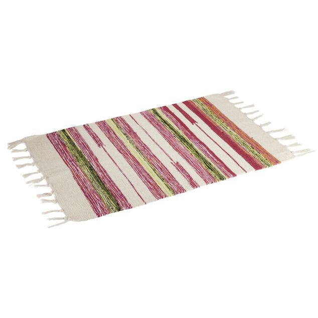 Tapis tress&eacute; &agrave; franges rayure beige et rouge 100% coton 40x60cm