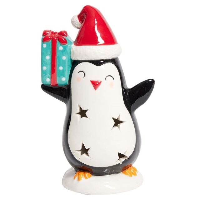 Pingouin de No&euml;l lumineux 1LED c&eacute;ramique noir et blanc H15,5cm