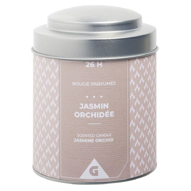 Bougie parfum&eacute;e pot m&eacute;tal gris et beige senteur jasmin orchid&eacute;e 26H