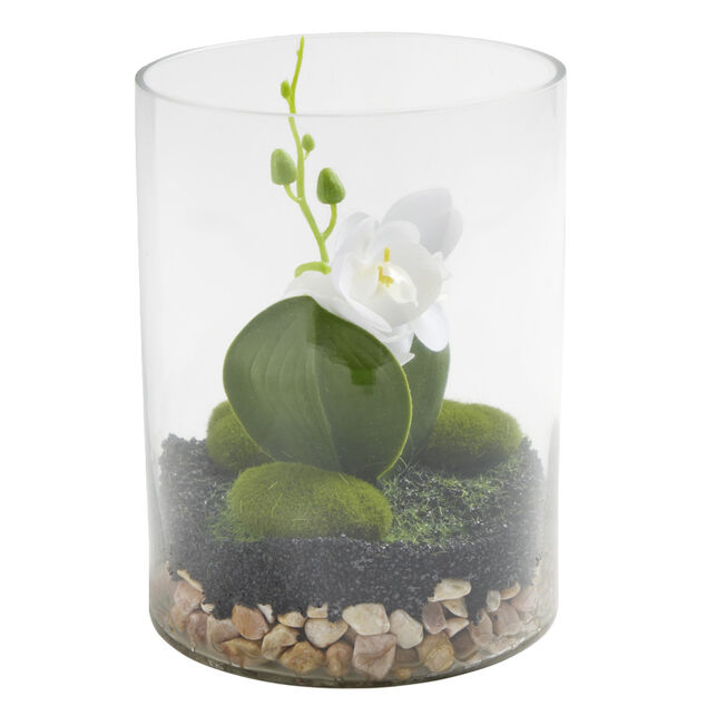 Vase en verre terrarium avec orchid&eacute;e artificielle &Oslash;15xH20cm (2 mod&egrave;les)