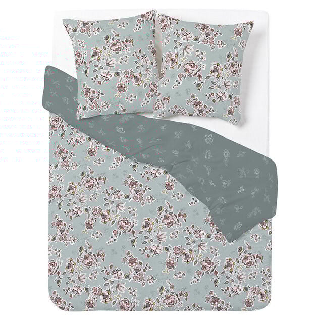 Parure de lit 2 personnes 240x220cm r&eacute;versible motif floral vert et rose