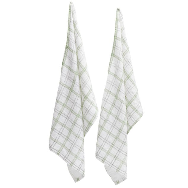 Torchon éponge x2 polycoton quadrillé blanc et vert 38x63cm