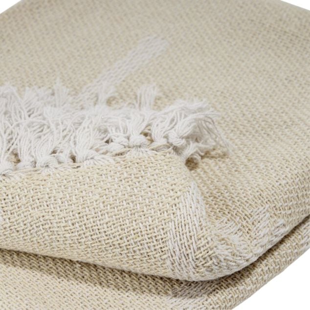 Jet&eacute; de canap&eacute; &agrave; franges polycoton motif palmier beige 125x150cm