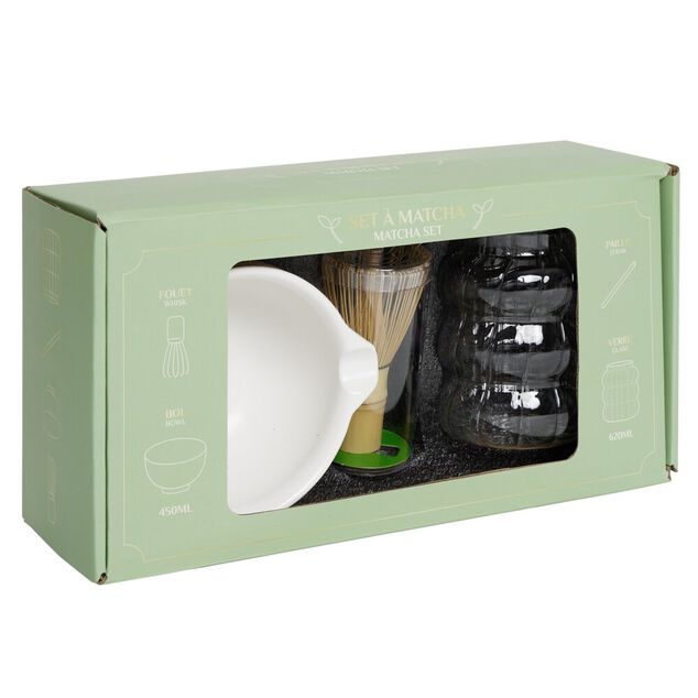 Set &agrave; matcha bol verre fouet paille 4 pi&egrave;ces