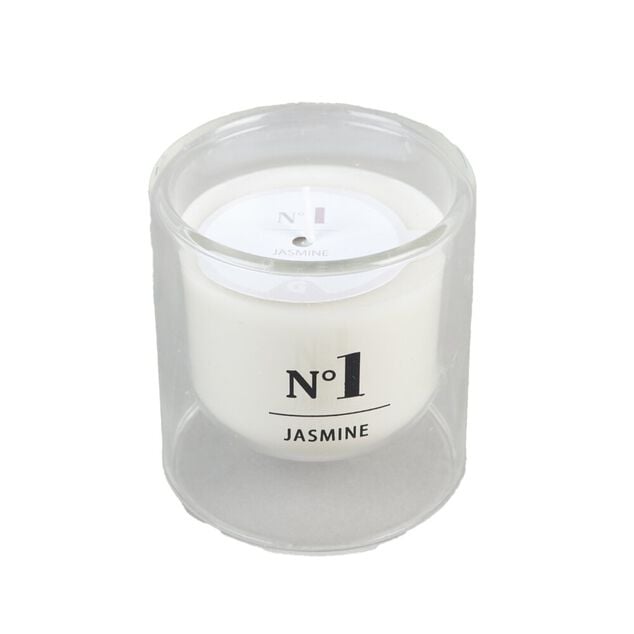 Bougie parfum&eacute;e dans verre double paroi senteur jasmin 25H