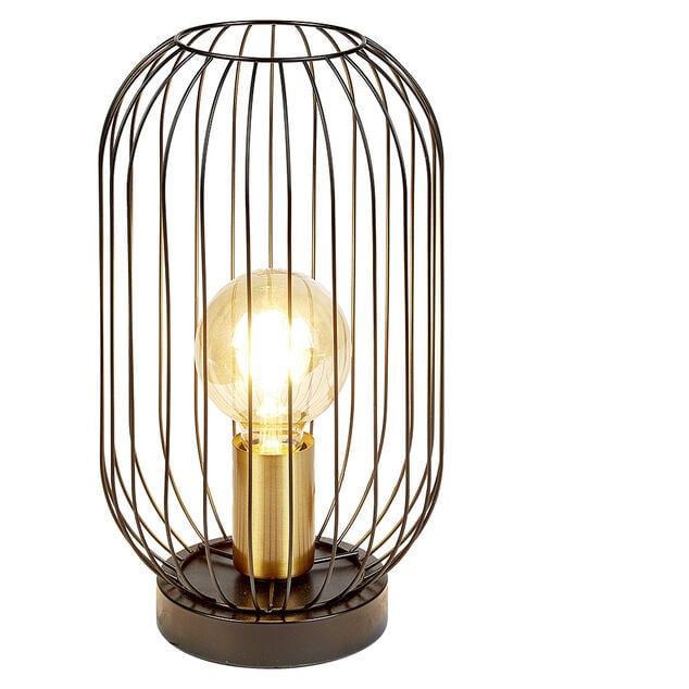 Lampe de chevet avec abat jour filaire en m&eacute;tal noir et douille dor&eacute;e