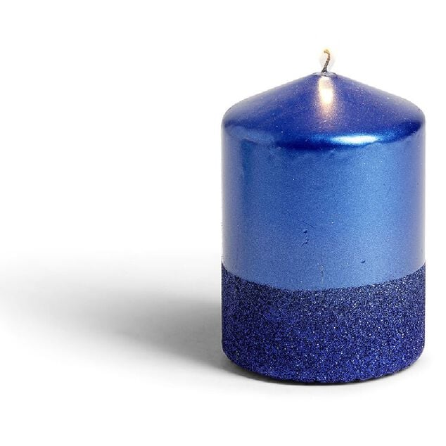 Bougie pilier paillet&eacute; bleu &Oslash;7xH10 cm