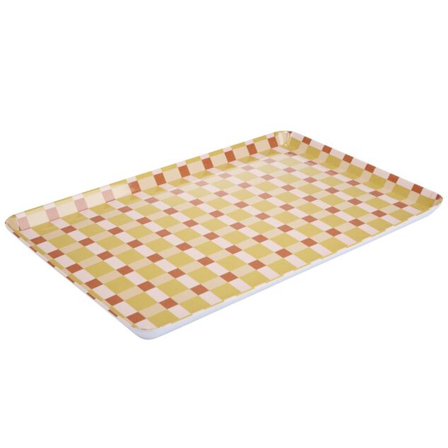 Plateau rectangulaire m&eacute;lamin&eacute; damier irr&eacute;gulier orange et rose 29,5x45,5cm