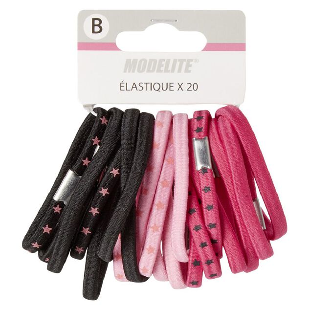 &Eacute;lastique latex uni imprim&eacute; noir rose x20