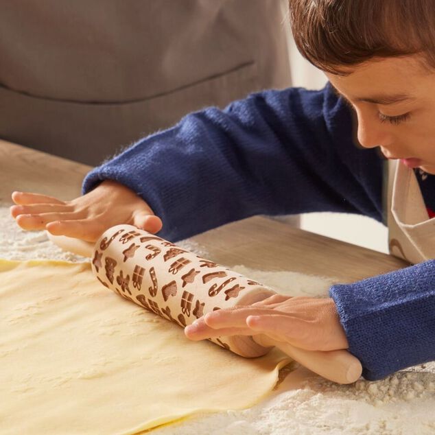 Rouleau &agrave; p&acirc;tisserie en bois grav&eacute; d&eacute;cor No&euml;l &Oslash;5x35cm