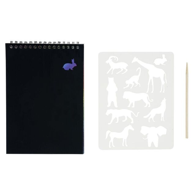 Carnet &agrave; gratter noir 8 pages pages + 1 pochoir + b&acirc;tonnet bois