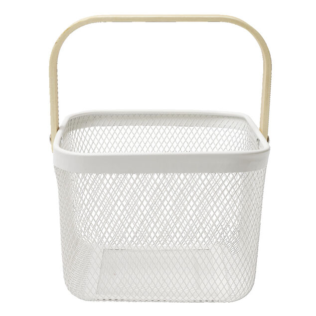 Pani&egrave;re en m&eacute;tal blanc perfor&eacute; et poign&eacute;e en bois 26x24xH17,5cm