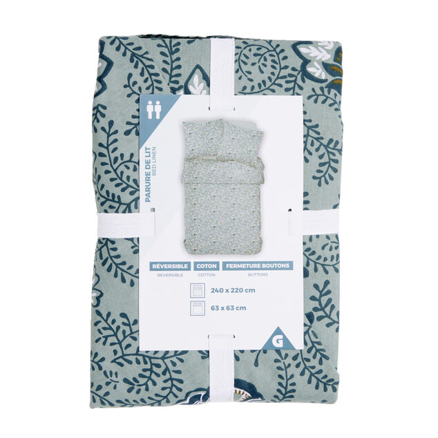 Parure de lit 2 personnes 240x220cm coton motif v&eacute;g&eacute;tal bleu et vert