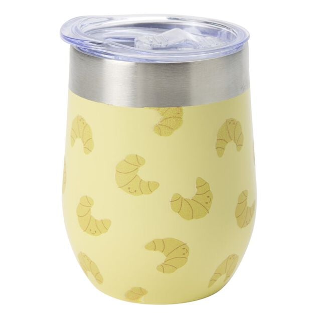Mug de transport inox petit d&eacute;jeuner &Oslash;8xH12cm (2 mod&egrave;les imprim&eacute; blanc ou jaune)