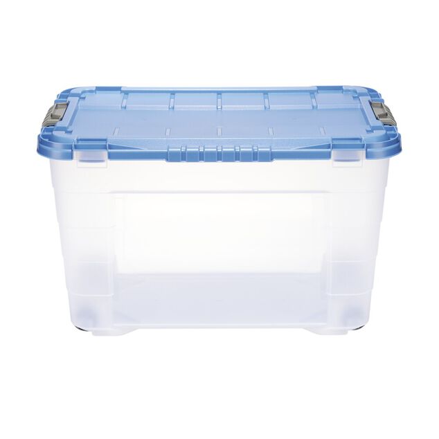 Box de rangement 60L plastique transparent 4 roues couvercle malin bleu 59x39xH36cm