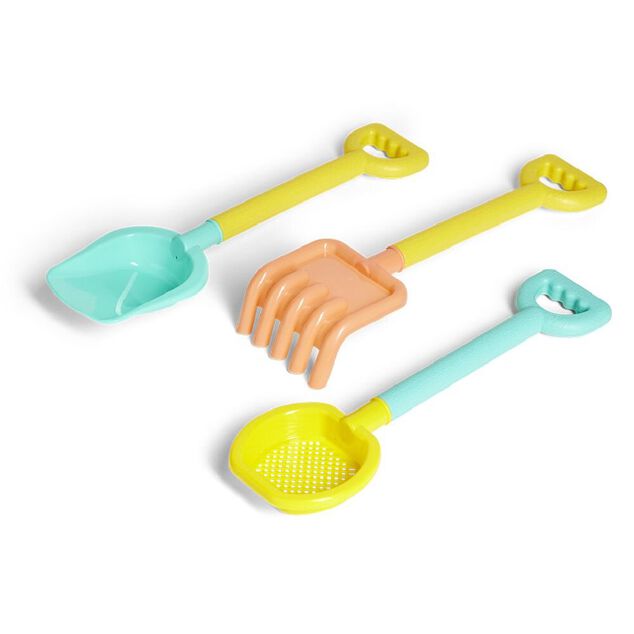 Set jeu de plage pelle, r&acirc;teau et tamis plastique