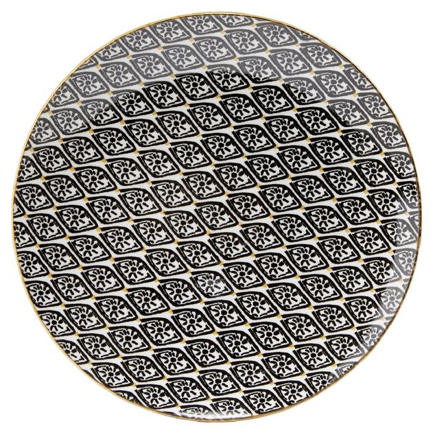 Assiette &agrave; dessert ronde Praia motif ethnique noir blanc jaune &Oslash;19cm