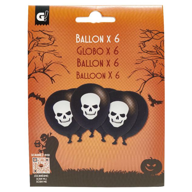 Ballon gonflable latex noir imprim&eacute; t&ecirc;te de mort blanc x6