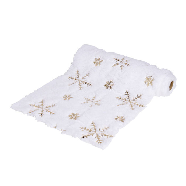 Chemin de table en tissu peluche blanc motifs flocons dor&eacute;s 3m