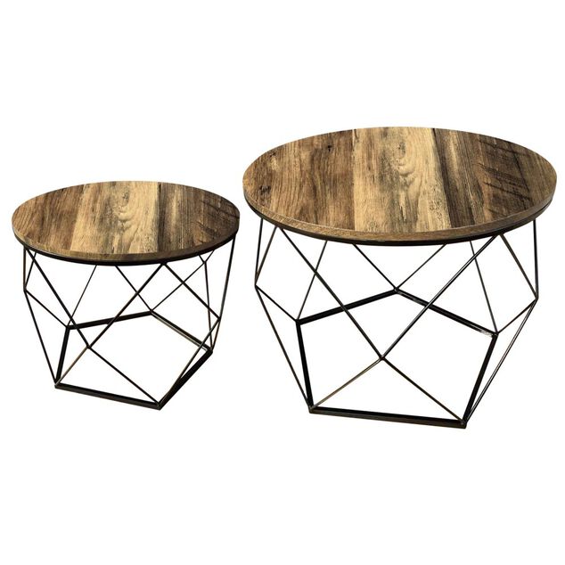 Table basse bois et m&eacute;tal x2 D&eacute;troit noir &Oslash;40xH36cm et &Oslash;50xH40cm