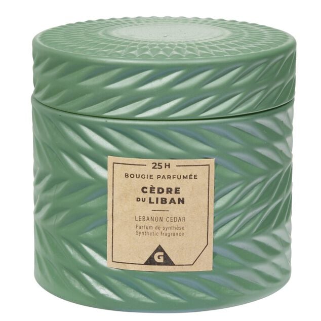 Bougie parfumée vert design relief senteur cèdre du Liban 25H