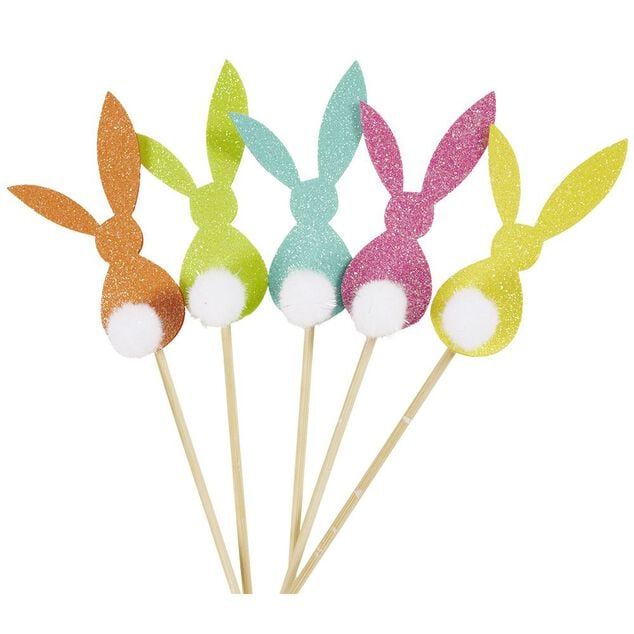 Pique avec lapin paillet&eacute; et pompon d&eacute;co P&acirc;ques H28cm
