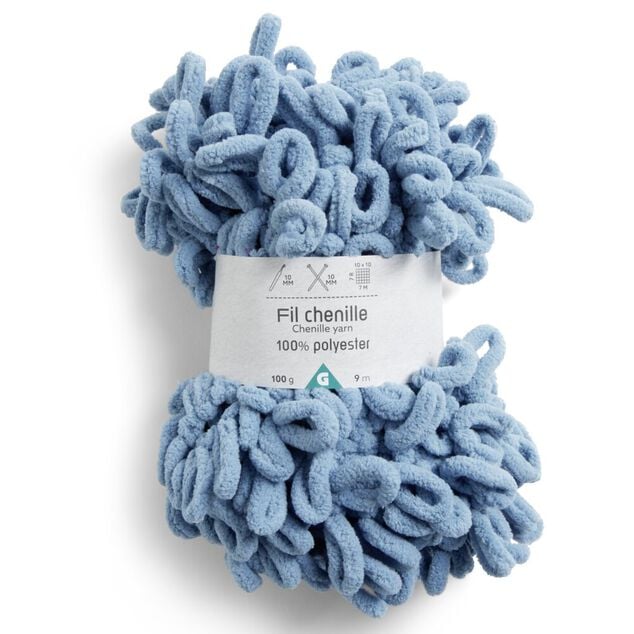 Pelote fil &agrave; tricoter 9m effet chenille polyester bleu canard 100g