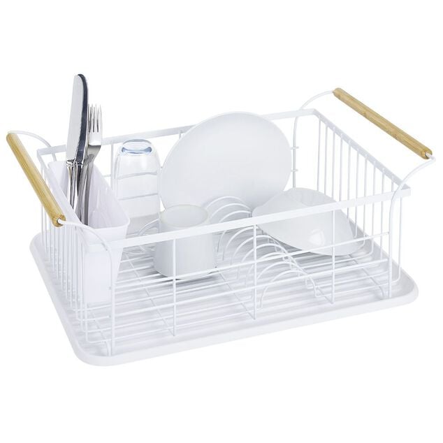 Égouttoir à vaisselle en métal blanc avec poignée en bambou
