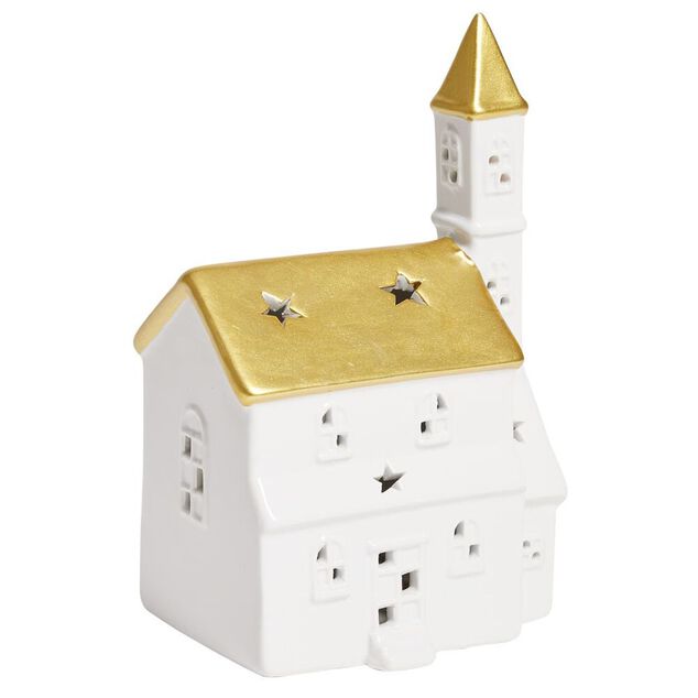 &Eacute;glise lumineuse d&eacute;co No&euml;l 1LED c&eacute;ramique blanc et dor&eacute; H19cm