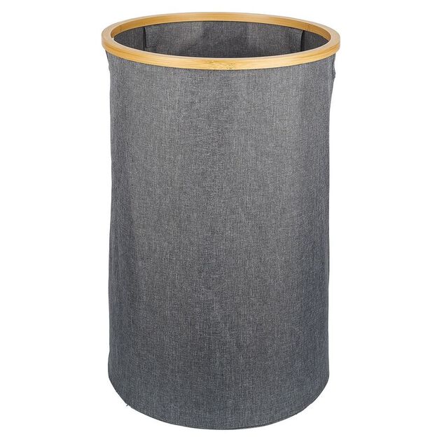 Coffre &agrave; linge rond 75L bambou et polyester gris