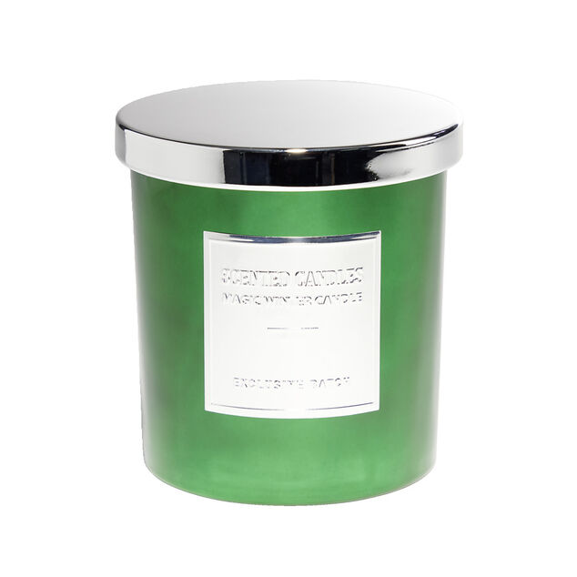Bougie avec couvercle pot m&eacute;tallis&eacute; gris et vert senteur sapin 25H