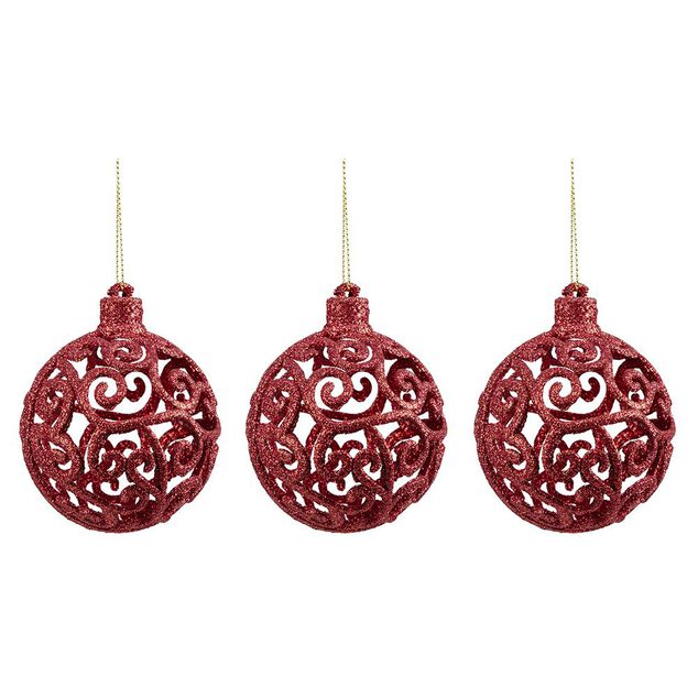 Boule de Noël ajourée motif arabesque pailleté rouge Ø8 cm x3