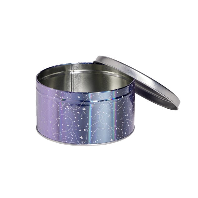 Bo&icirc;te ronde en m&eacute;tal violet iris&eacute; et gris argent&eacute; &Oslash;13,5xH7cm