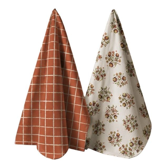 Torchon x2 coton floral et carreaux orange 45x65cm