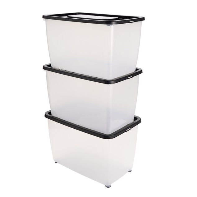 Box dessous de lit 46L x3 plastique transparent couvercle noir 56x37xH34cm