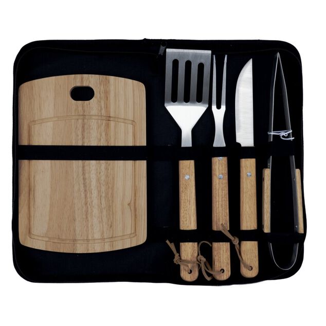 Kit barbecue 5 accessoires inox et bois avec &eacute;tui de rangement 21x46cm