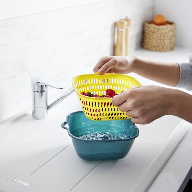 Lot de 3 passoires cuvettes carr&eacute;es bleues et jaunes