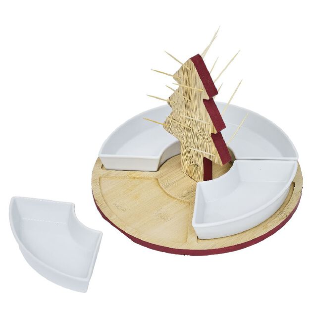 Set ap&eacute;ritif plateau bambou sapin No&euml;l et coupelle x4